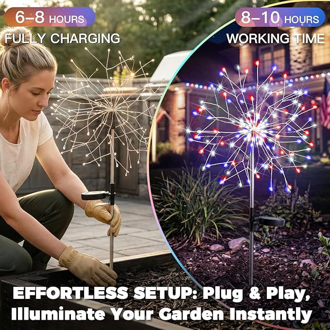 suddus 4th of July Decorations Solar Garden Lights, Upgrade 2Pack 150LED Red White Blue Solar Firework Lights with 8 Modes Outdoor, Starburst Fairy Lights Waterproof Yard for Independence Day Decor