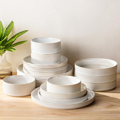 TheTerra Ceramic Dinnerware Sets for 4, 16 Pieces Porcelain Lightweight Plates and Bowls Sets, Scratch Resistant Dish Set, Oven & Microwave & Dishwasher Safe,Reactive White