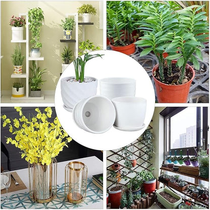 sietpoek Plant Pots - 4.7 Inch Cylinder Ceramic Planters with Connected Saucer, Pots for Succuelnt and Little Snake Plants, Set of 4, White