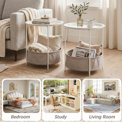 VECELO Round Side/End Table with Fabric Storage Basket，Metal Anti-Rust and Waterproof Small Bedside Nightstand with Removable Tray Top for Living Room，Balcony & Laundry，Beige/1pcs with Basket