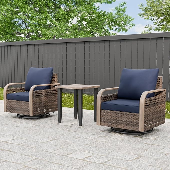 Modern Wicker Bistro Table and Chairs Set, Rattan Outdoor Bistro Set for Patio, Wicker Patio Swivel Rocking Chairs & Table, 3 Pieces, Brown/Blue