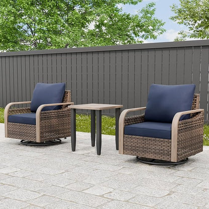 Modern Wicker Bistro Table and Chairs Set, Rattan Outdoor Bistro Set for Patio, Wicker Patio Swivel Rocking Chairs & Table, 3 Pieces, Brown/Blue