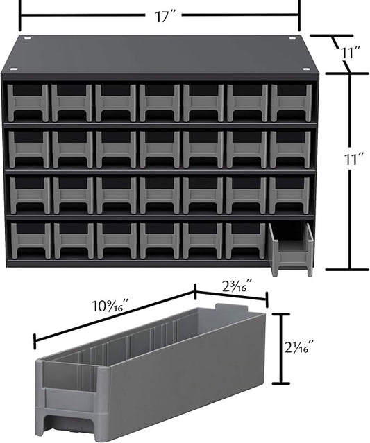 Akro-Mils Steel Garage Storage Cabinet, Small Parts Organizer Metal Cabinet for Hardware, Nails, Screws, Bolts, Nuts, and More, 17" W x 11" D x 11" H, 28-Drawer, Gray Cabinet/Blue Drawers (19228)