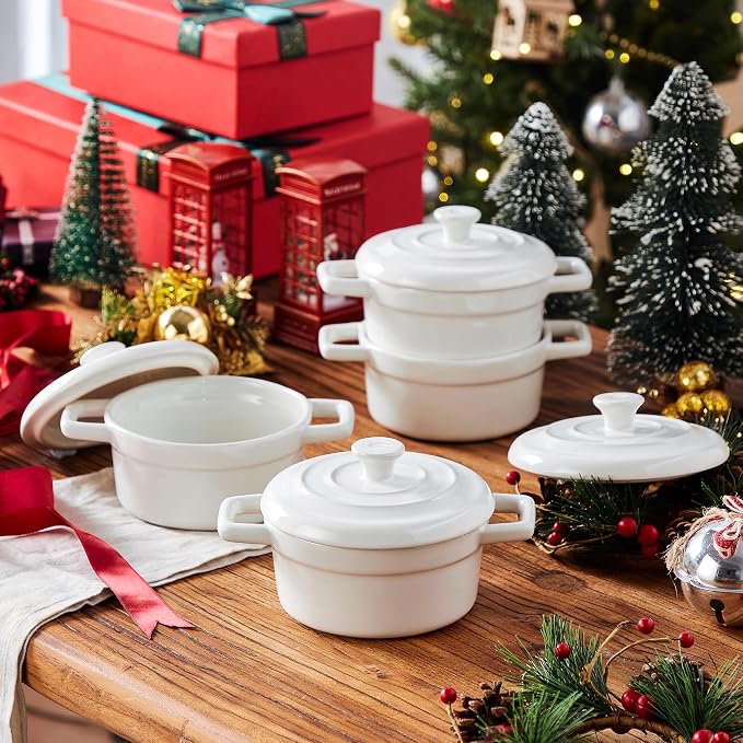 Lareina Mini Cocotte 12oz Ceramic Casserole Dish Set with Lid, White | Small casserole ramekins with handles, oven, microwave & dishwasher safe. Perfect for baking, serving, and individual meals.
