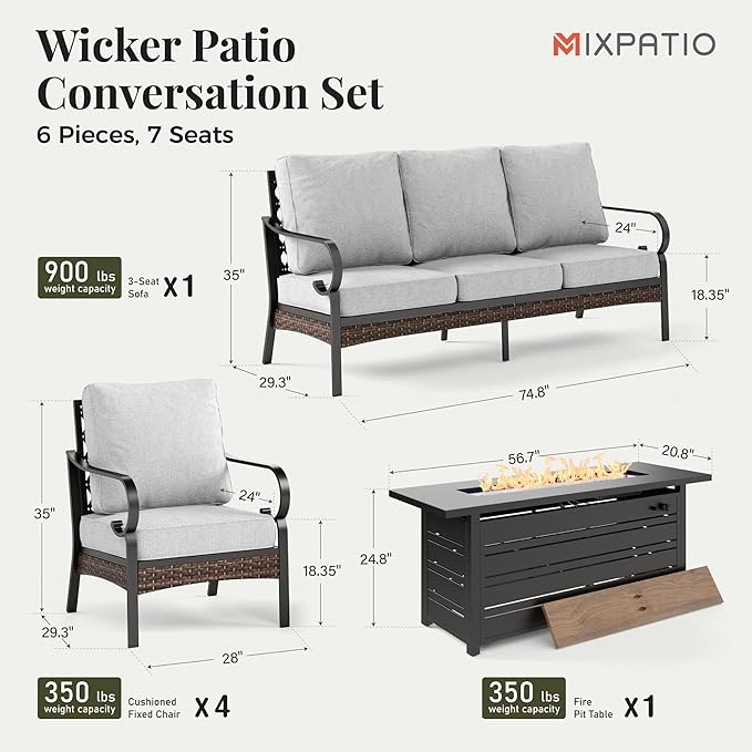 Patio Furniture Set with Firepit Table, Black Frame Outdoor Conversation Set with 4 x Fixed Chairs, 1 x 3-Seat Sofa for Lawn Garden Backyard, Light Grey