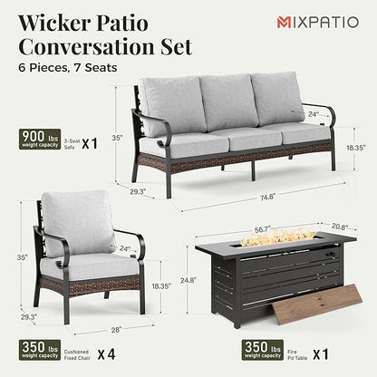 Patio Furniture Set with Firepit Table, Black Frame Outdoor Conversation Set with 4 x Fixed Chairs, 1 x 3-Seat Sofa for Lawn Garden Backyard, Light Grey