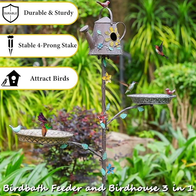 Bird Baths and Bird Houses with Pole, 67.9" H Metal Bird House Stake, Standing Feeder and Bath Combo, Birdhouses for Outdoors, Tall Bird Bath with 4-Prong Stake for Outside Garden Decor