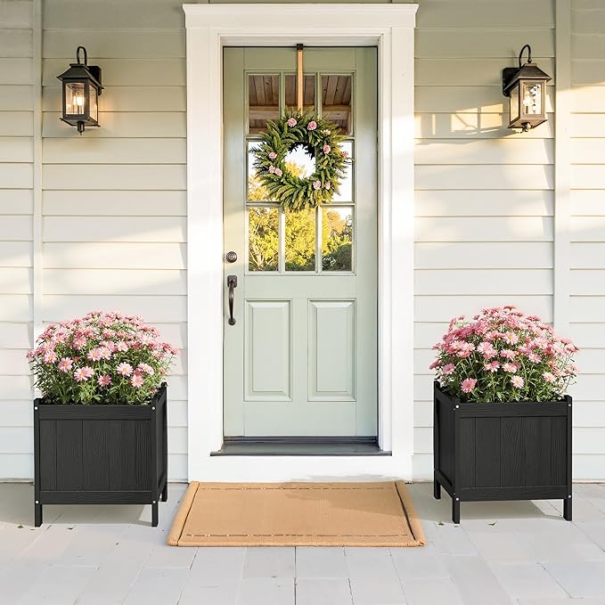 LUE BONA Outdoor Plant Pots Set of 2, 13.7" x 12.5" x 14.5" HDPS Flower Pots with Drainage Holes, Outdoor Planter Box for Outdoor Plants - Porch Patio, Garden or Entryway, Black