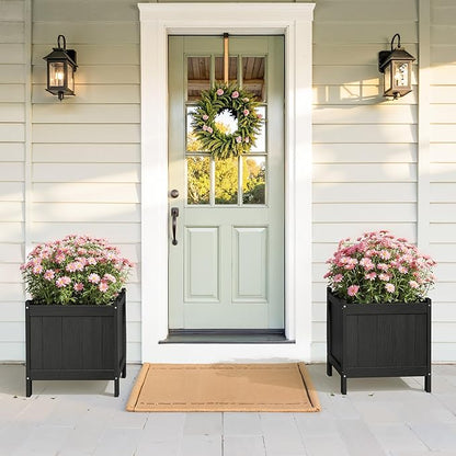 LUE BONA Outdoor Plant Pots Set of 2, 13.7" x 12.5" x 14.5" HDPS Flower Pots with Drainage Holes, Outdoor Planter Box for Outdoor Plants - Porch Patio, Garden or Entryway, Black