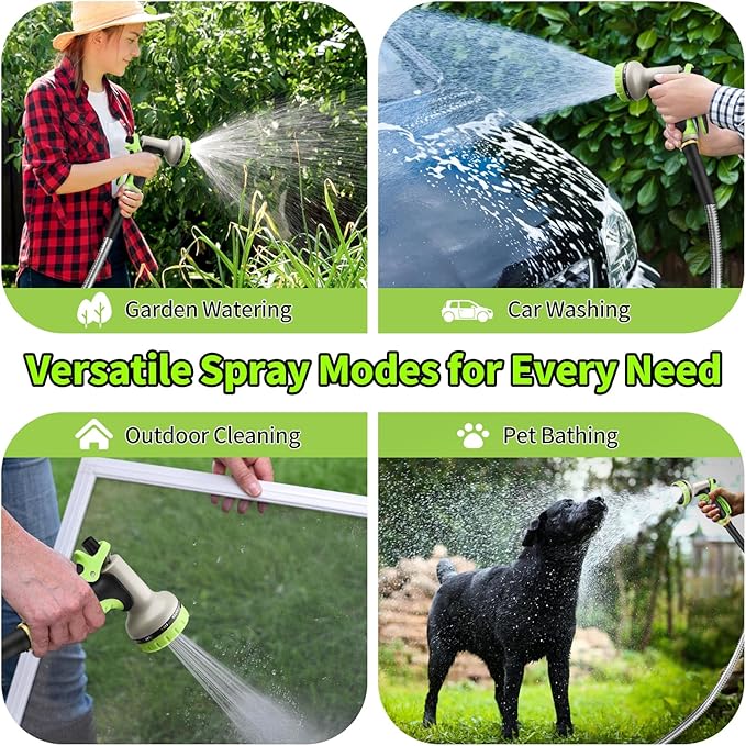 GOXAWEE Garden Hose 50FT, Stainless Steel Heavy Duty Water Hose With 10 Function Nozzle, No-Kink, Tough & Flexible, Sturdy and Lightweight, Rust Proof for Yard, Outdoor, RV