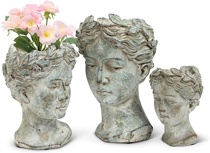 Abbott Collection Goddess Head Planter – Small Cement Indoor and Outdoor Planter Pot – Grecian Woman Statue Head Planter for Flowers and Succulents (Grey, 8.5" Tall, 3.5" Opening)