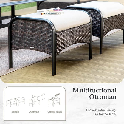 MFSTUDIO Outdoor Patio Furniture Set, 2 Piece Rattan Wicker Outdoor Ottoman, Metal Patio Ottoman for Garden Backyard