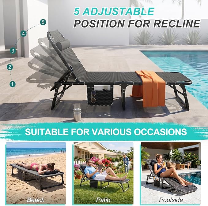 ABORON 3-in-1 Folding Patio Lounge Chair, 440LB Heavy-Duty Tri-Fold Guest Bed with Plush Cotton Cushion, No Assembly Adjustable Recliner for Office Nap, Patio Sunbathing, Poolside & Camping