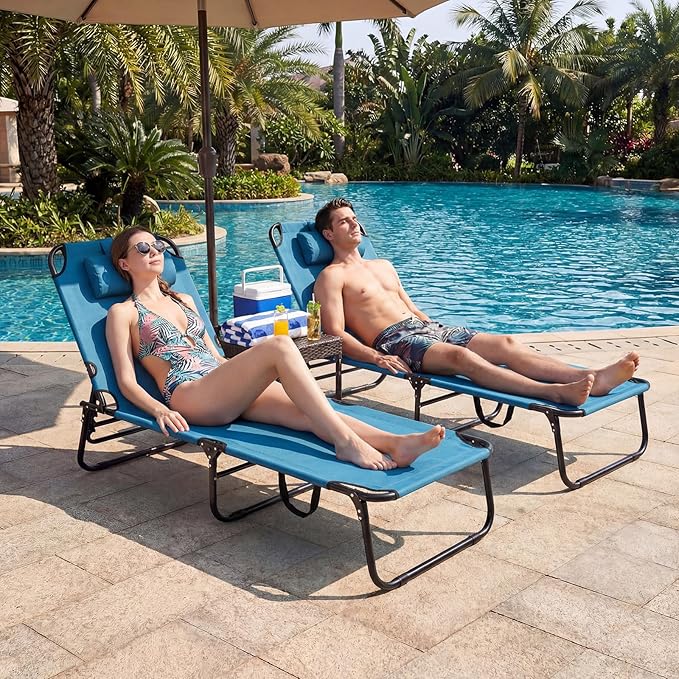 Giantex 350lbs Adjustable Patio Lounge Chair w/Face Hole, Removable Pillows, Carry Strap, Layout Chair, Folding Beach Chair, Outdoor Chaise Lounge for Poolside Lawn Tanning (1, Blue)