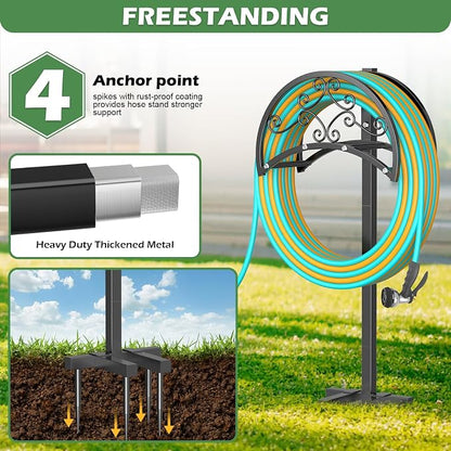 OLV Garden Hose Holder, Heavy Duty Metal Outdoor Water Hose Holder Freestanding Stake with 4 Spikes Holds 150-ft Pipe, Detachable Decorative Hose Stand Hanger Rack for Outside Yard Lawn Farm