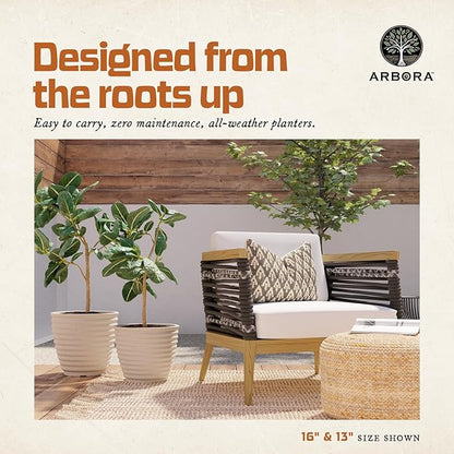 ARBORA 16" Ibiza Polyresin Indoor and Outdoor Planter with Classic Cream Finish - Durable, Weatherproof, Lightweight, Large Plant Pot for Patio, Garden, Deck, Entryway - 2 Pack