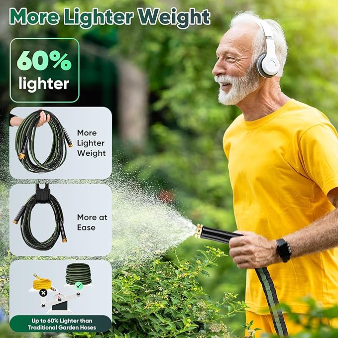 Garden Hose 100ft, Non-Expanding Water Hose, 8 Function Nozzle, Flexible Ultra-Light, Anti-Kink, Wear-Resistant, Portable, Easy Storage, Hose with 3/4 for Outdoor, Garden, Yard and Lawn, Black Green