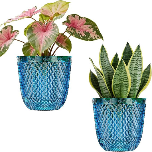 QCQHDU 2-Pack Self Watering Pots, 7.2 Inch Plant Pots with Drainage Holes and Water Filling Port, Plastic Garden Planter for Indoor Plants (Klein Blue)