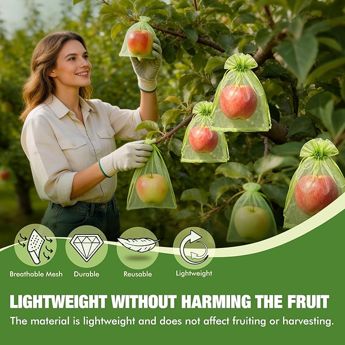 100 Pcs Drawstring Fruit Protection Bags, 6×9 Inch Green Mesh Fruit Net Covers, Anti-Bird Anti-Insect Garden Protective Bags for Fruit Tree, Tomato, Strawberry, Apple, Cherry, Grapes and Vegetables