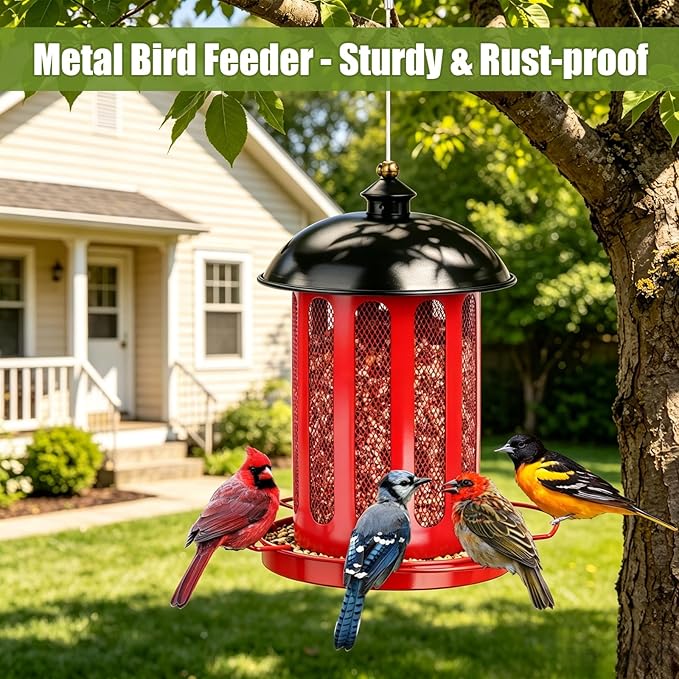 Bird Feeder, Large Capacity Bird Feeders for Outdoor Hanging, Heavy Duty Metal Wild Birdfeeder for Outside Garden Yard Decor, Retro Lantern Shape (Red)
