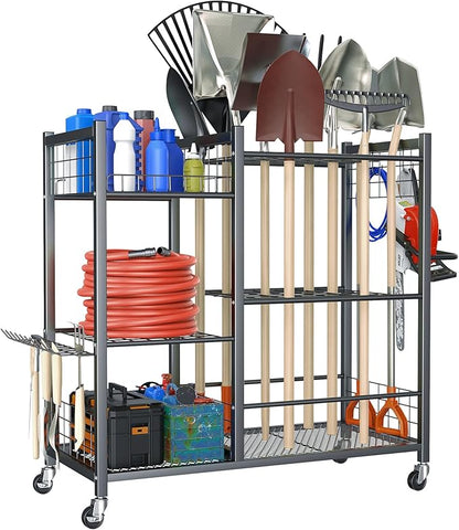 TORACK Garden Tool Stand with Wheels, Rakes Shovels Holder Yard Tools Organizer for Garage, Garden, Shed Indoor/Outdoor Long-Handled Tools Cart(Tool stand with side shelves)