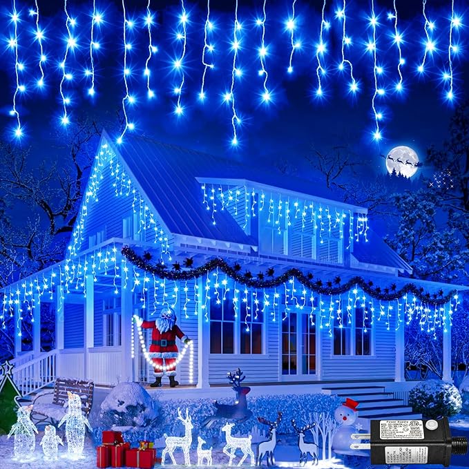 Christmas Icicle Lights Outdoor 66 FT 640 LED Icicle Lights Plug in Conenectable Hanging Christmas Light for Outside Holiday Pavilion Balcony House Decorations, Blue