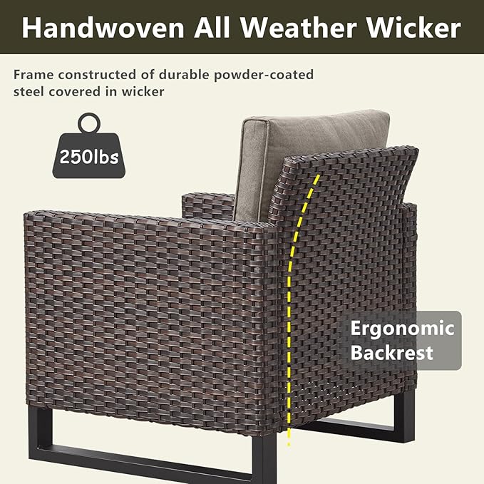 Rilyson Wicker Outdoor Patio Chairs Set - 3 Piece Rattan Patio Furniture Bistro Chairs Set with Waterproof Wicker,Comfortable Cushions and Sturdy Metal Frame for Porch Deck Backyard(Brown/Grey)