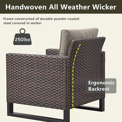 Rilyson Wicker Outdoor Patio Chairs Set - 3 Piece Rattan Patio Furniture Bistro Chairs Set with Waterproof Wicker,Comfortable Cushions and Sturdy Metal Frame for Porch Deck Backyard(Brown/Grey)
