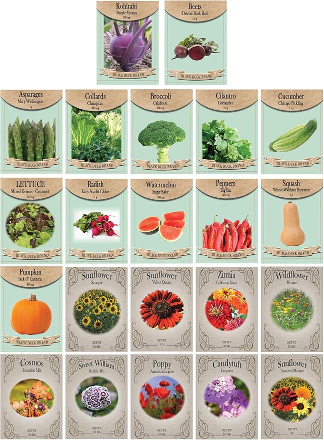 Flower & Vegetable Seed Set - 22 Varieties of Non-GMO Heirloom Premium Seeds for Planting - Asparagus, Beet, Broccoli, Wildflower, and More