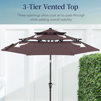 Best Choice Products 10ft 3-Tier Market Patio Umbrella, Outdoor Sun Shade with Tilt, Crank Lift, 8 Ribs for Backyard, Deck, Poolside – Deep Taupe