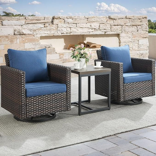 Rilyson Outdoor Patio Swivel Rocker Chairs - 3 Piece Wicker Patio Furniture Bistro Swivel Rocking Chairs Set with Comfortable Cushions,Sturdy Metal Frame and Side Table for Porch Deck(Brown/Blue)