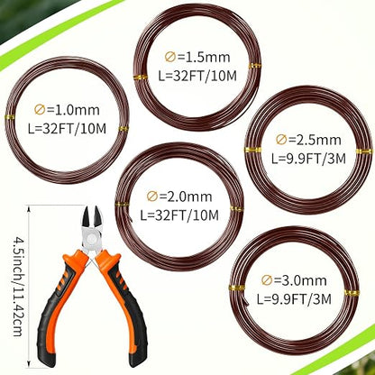 Mudder 5 Roll Aluminum Bonsai Training Wire Tree 1/1.5/2/2.5/3mm 118 Feet Total with Bonsai Wire Cutter Anodized Training for Holding Branches Small Trunks(Brown)