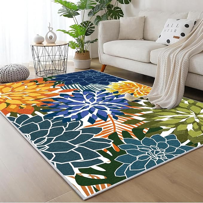 ZonLi Colorful Outdoor Rug 8x10Ft Waterproof Multicolored Indoor Area Rug Washable Outdoor Patio Rugs Tropical Floral Non Slip Outdoor Carpet for Living Room, Pool,Backyard,Deck,Camping