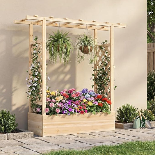 S AFSTAR Raised Garden Bed with Trellis, 2-in-1 Fir Wood Planter Box with Flat Roof & Drainage Holes, Vertical Planter Raised Bed for Climbing Plants, Flowers & Vegetables, 43" x 14" x 45" (Natural)