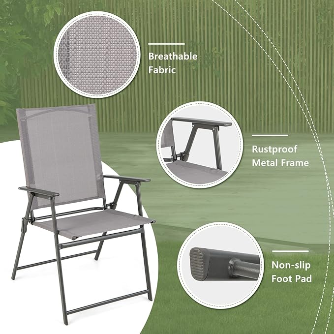 Giantex Patio Folding Chairs, Outdoor Lawn Chairs with Rustproof Metal Frame, Portable Dining Chairs for Porch, Deck, Garden, Backyard, Camping (1 Count (Pack of 2), Gray)