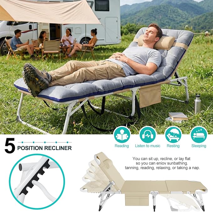ABORON 4-in-1 Lounge Chair with Face & Arm Holes for Tanning, 440LB Heavy-Duty Folding Recliner with Plush Cotton Cushion, No Assembly Tri-Fold Guest Bed for Sunbathing, Poolside, Office Nap & Camping