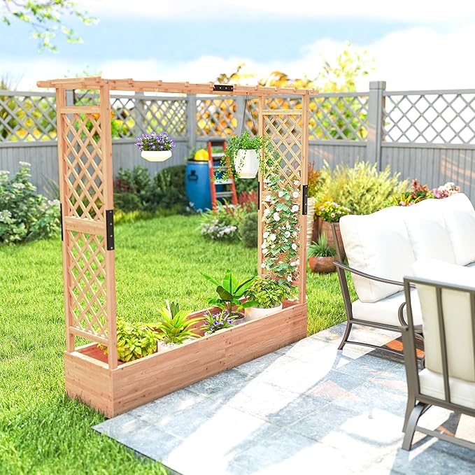 Outsunny Raised Garden Bed with Trellis, Wooden Planter Box with Hanging Roof and Drainage Holes, Outdoor Trellis Planter for Climbing Plants, Vegetables, Herbs and Flowers, 77.2" x 17.3" x 71.3"