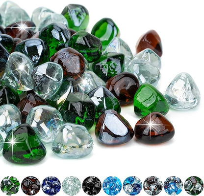 Mr. Fireglass 10 Pounds Blended Diamond Fire Glass, 1 Inch High Luster Reflective Fire Pit Glass Rocks for Fireplace Fire Pit & Lanscaping, Emerald Green, Crystal Ice, Amber