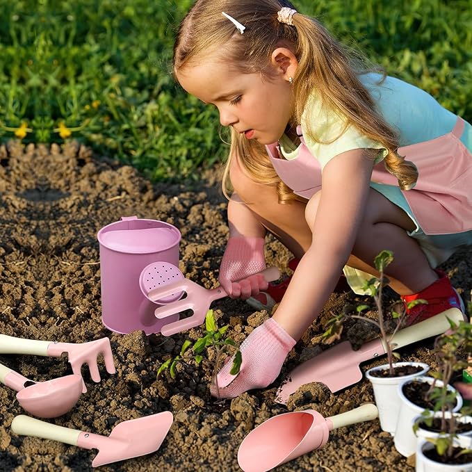 Qtioucp Kids Gardening Set 14Pcs Garden Tools with Tote Bag,Watering Can, Shovel, Apron, Garden Book and More Educational STEM Learning Outdoor for Toddlers Boys Girls (Floral)