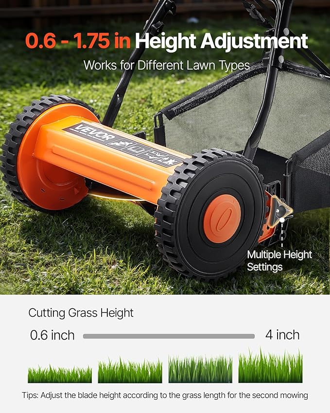 VEVOR Push Reel Lawn Mower 16 inch, 5 Blades Manual Push Mower No Motor, 0.6-1.75 in Adjustable Cutting Height, Walk-Behind Lawn Mowers with Grass Catcher Bag for Green Lawns, Driveways, Courtyards
