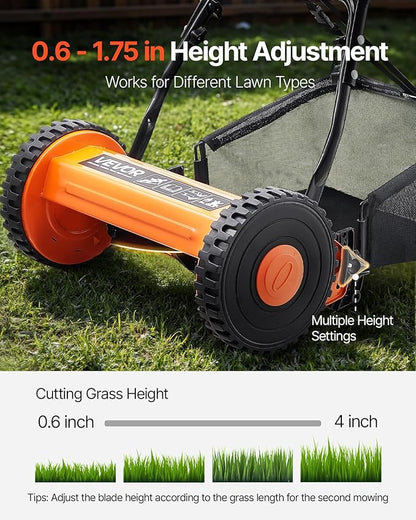 VEVOR Push Reel Lawn Mower 16 inch, 5 Blades Manual Push Mower No Motor, 0.6-1.75 in Adjustable Cutting Height, Walk-Behind Lawn Mowers with Grass Catcher Bag for Green Lawns, Driveways, Courtyards