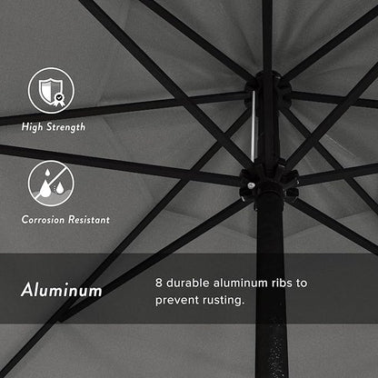 California Umbrella 9' Rd Aluminum Patio Umbrella, Crank Lift, Auto Tilt, Black Finish, Sunbrella Granite
