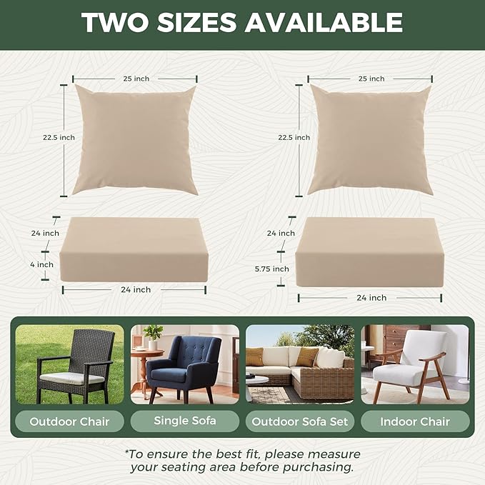 Outdoor Cushions for Patio Furniture, Outdoor Seat Cushion Set 24 x 24 x 5.75 Inch, Waterproof & Fade Resistant Outdoor Chair Cushions, Deep Seat Patio Cushion with Removable Cover, Beige