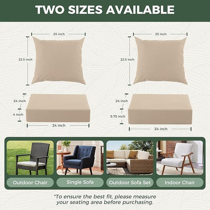 Outdoor Cushions for Patio Furniture, Outdoor Seat Cushion Set 24 x 24 x 5.75 Inch, Waterproof & Fade Resistant Outdoor Chair Cushions, Deep Seat Patio Cushion with Removable Cover, Beige