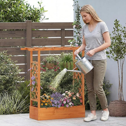 S AFSTAR Raised Garden Bed with Trellis, 2-in-1 Fir Wood Planter Box with Flat Roof & Drainage Holes, Vertical Planter Raised Bed for Climbing Plants, Flowers & Vegetables, 43" x 14" x 45" (Orange)