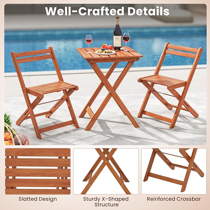 HAPPYGRILL 3 Piece Outdoor Wood Bistro Set, Solid Wood Furniture Set w/ 2 Folding Chairs & Dining Table, Slatted Seat & Tabletop, Patio Dining Set for Backyard, Poolside