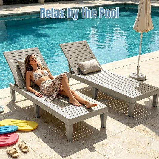 Lounge Chair Outdoor,Set of 2 All-Weather UV-Resistant & Waterproof Patio Lounge Chairs,High-Impact PP 5 Position Adjustable Tanning Chair,Heavy Duty Pool Lounge Chairs Great for Pool & Yard,Coffee