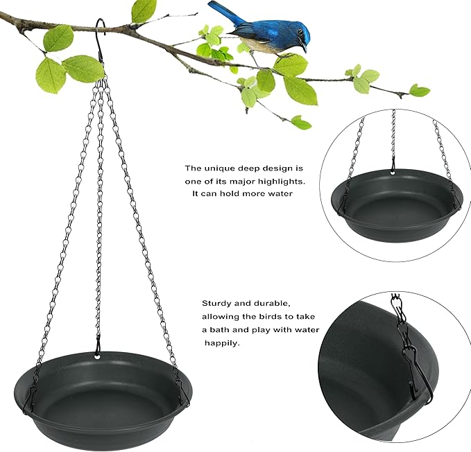 VUWEZ Hanging Bird Bath, Hanging Bird Water Feeder for Outdoors, Feeder Bowl, 1 Pack Birdbath Tray Accessories for Outside, Plastic Birdbaths Tray for Garden Patio Decoration (12", Dark Black)