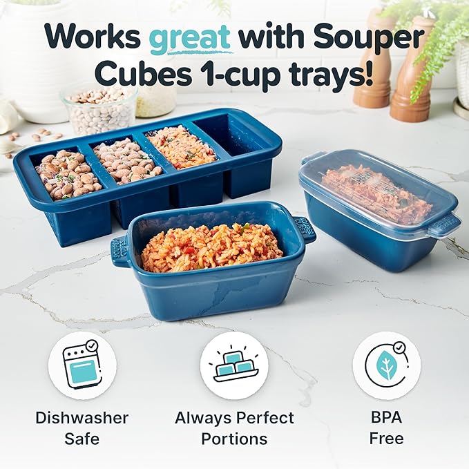 Souper Cubes Ceramic Baking Dishes - 5" x 3" Individual Baking Dishes for Oven with Silicone Lids, Oven, Microwave and Air Fryer Safe, Perfect for Reheating Single Serve Meals, Set of 4 - Blueberry