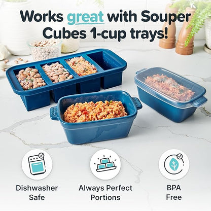 Souper Cubes Ceramic Baking Dishes - 5" x 3" Individual Baking Dishes for Oven with Silicone Lids, Oven, Microwave and Air Fryer Safe, Perfect for Reheating Single Serve Meals, Set of 4 - Blueberry